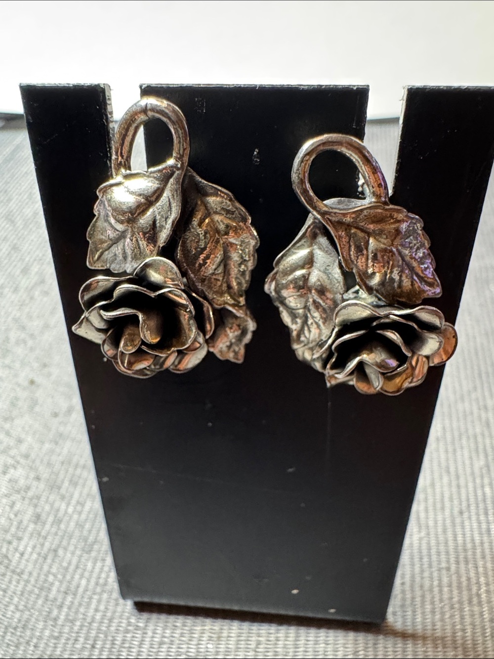Vintage Sterling Silver Rose Drop Earrings - Floral Leaf Design - Picture 1 of 4